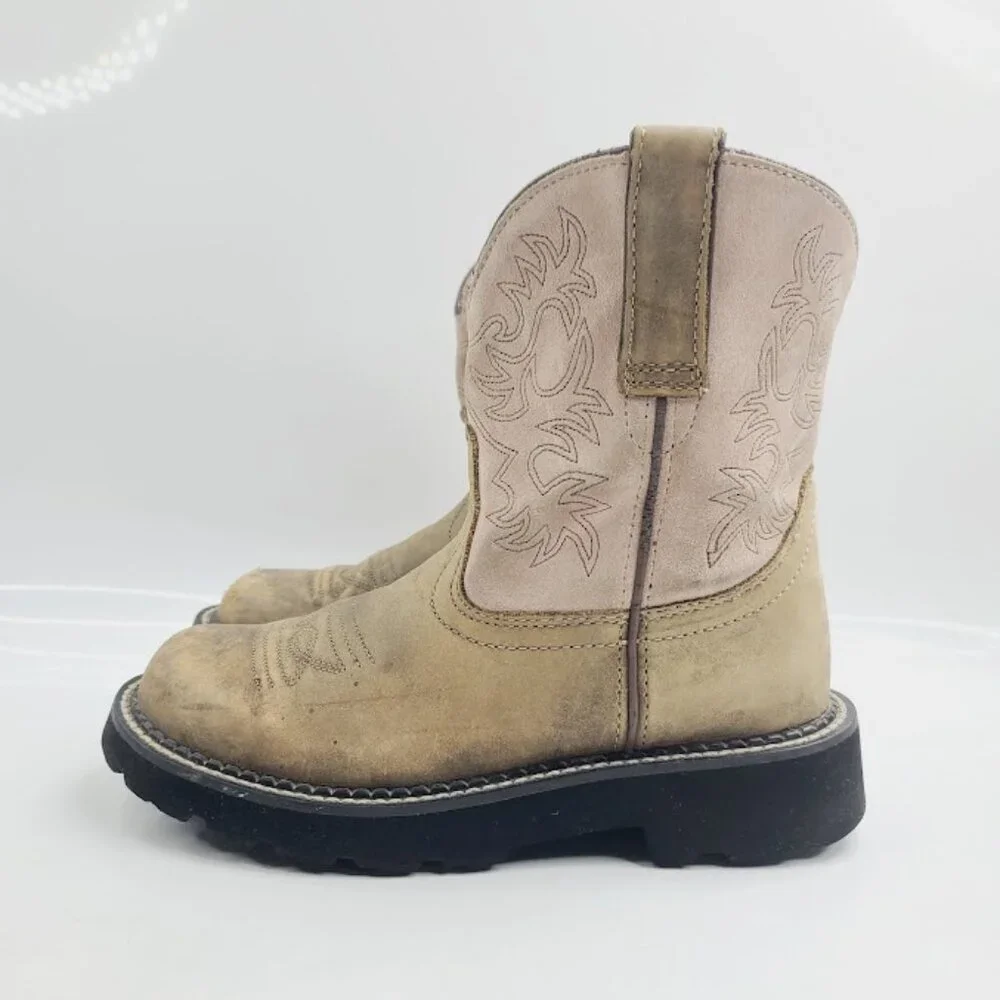 Ariat Women's Tan Pink Fatbaby Classic Leather Ankle‎ Western Boots Size 6B